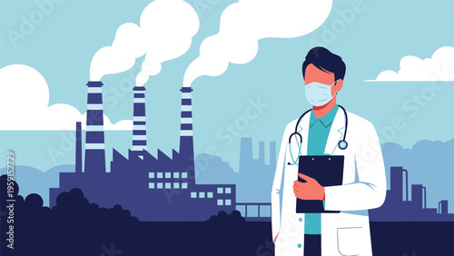 Professional male doctor wearing a protective face mask and white coat standing before a polluting industrial factory plant with smoke stacks.