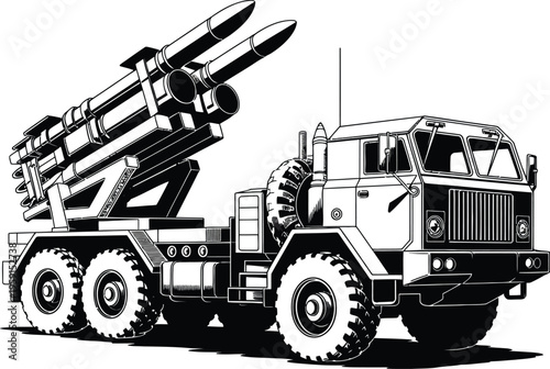 Military truck with missiles vector illustration, black and white silhouette of heavy defense truck transporting three long-range missiles emphasizing military power and strategic deployment.