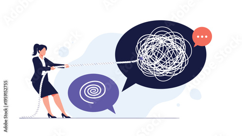 Determined businesswoman pulling a tangled white rope to untangle a complex mess into a neat spiral representing problem solving and clarity.