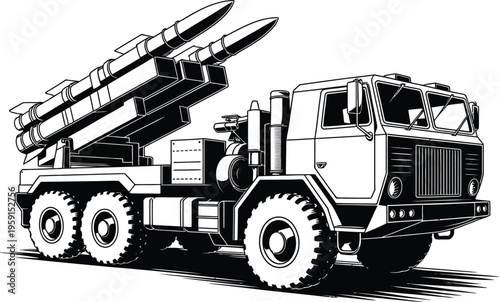 Military truck carrying long-range missiles illustration, large armored vehicle transporting three missiles for defense showcasing strength, tactical mobility, and military logistics.