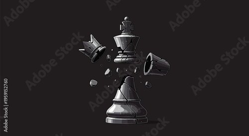 Exploding chess pieces on black background king and queen pieces falling apart strategy and conflict concept