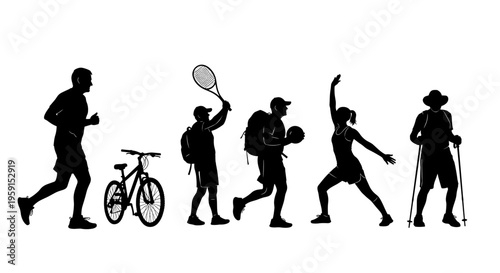 Silhouettes of active seniors engaging in various outdoor activities including running, cycling, tennis, and hiking against a white background, outdoors (1)