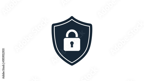 Solid navy blue shield icon containing a white padlock symbol representing data security protection and privacy for digital and physical safety.