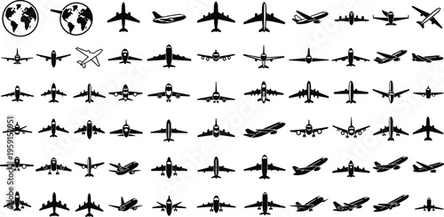 Black Silhouette Vector Collection of Airplanes, Globes, and Aircraft Icons, Isolated Aviation Elements for Travel, Logistics, and Global Business Designs