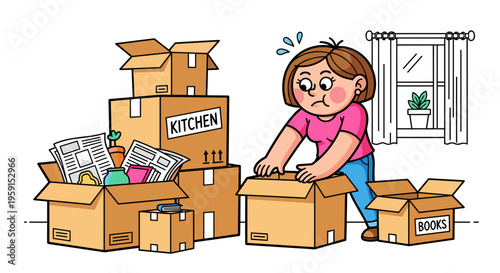 Illustration of a woman packing boxes in a bright room with a window view, surrounded by labeled kitchen and book boxes, cartoon style with vivid colors