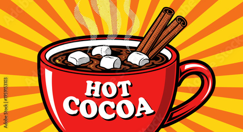 Vibrant illustration of a red mug filled with hot cocoa, topped with marshmallows and cinnamon sticks, set against a bright yellow and orange burst background