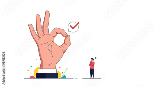 Small pensive man looking up at a giant hand making the ok gesture with a red check mark bubble above it for approval and feedback concepts.