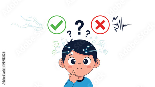 Young boy in deep thought surrounded by floating symbols of question marks check marks and red crosses for decision making and problem solving.