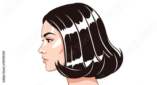 Illustration of a woman with glossy hair in profile, featuring a sleek bob cut and smooth texture, against a clean white background
