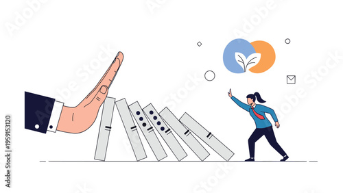 Brave businesswoman pushing against a giant hand that is stopping falling dominoes to symbolize intervention and protection in business crisis.