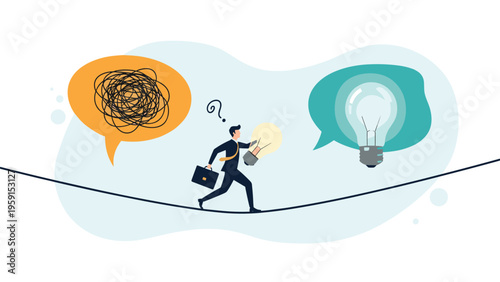 Determined businessman balancing on a tightrope as he moves from a tangled mess of chaos toward a bright light bulb representing a clear idea.
