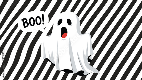 Friendly white ghost character making a scary face and saying boo in a speech bubble set against a wavy black and white striped background.