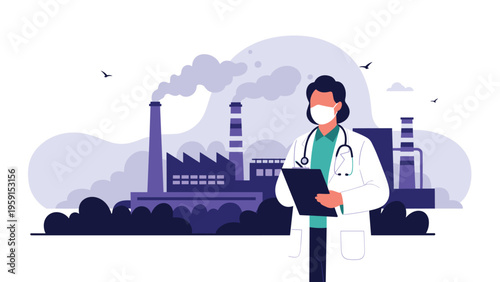 Medical professional wearing a face mask and white coat standing before an industrial factory background with smoke emissions and birds in flight.