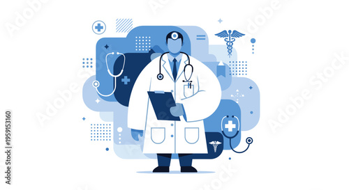 Illustration of a doctor in a white coat holding a clipboard, surrounded by medical icons and stethoscope, set against a blue abstract background
