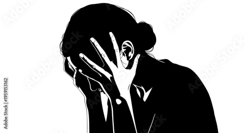 Silhouette of a woman covering her face with hands in a dramatic pose, black and white contrast, isolated on a plain white background