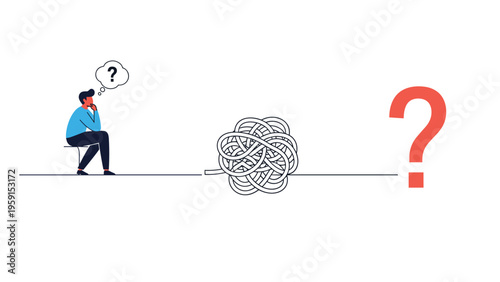 Pensive man sitting and thinking about a complex tangled line that leads to a large red question mark representing confusion and problem solving.