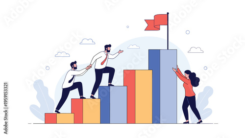 Team members helping each other climb a rising bar chart towards a red flag goal representing business growth and cooperation.
