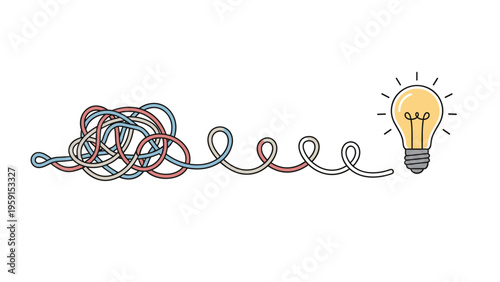 Conceptual illustration of tangled string unraveling and turning into a glowing lightbulb representing a creative problem solution.