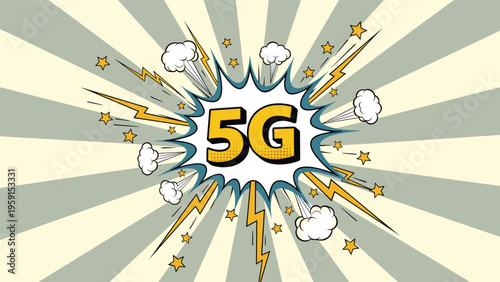Comic style five g technology text in explosion bubble with lightning and starburst rays for high speed internet marketing.