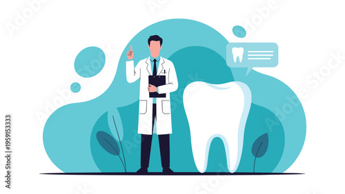 Male dentist character in white coat standing next to a giant tooth for dental care and oral hygiene awareness concepts.
