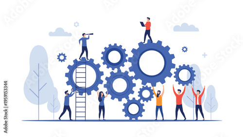 Diverse business team working together with giant blue gears and cogs for process optimization and corporate synergy concepts.