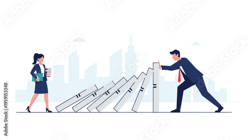 Professional businessman stopping falling dominoes to protect a businesswoman representing risk management and crisis intervention.