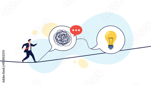 Person walking a tightrope towards a glowing lightbulb passing a messy tangle bubble for creative solution and path to success.