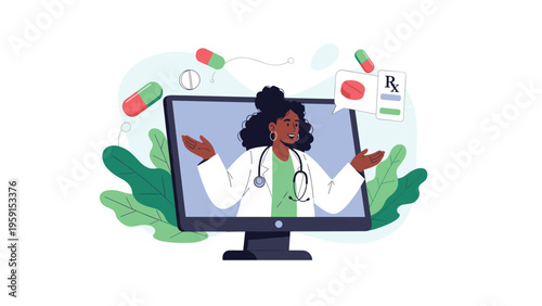 African American female doctor on a computer monitor for online medical consultation and virtual healthcare services concept.