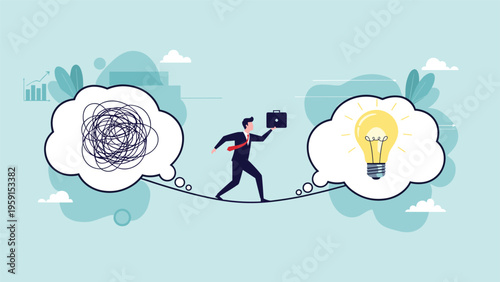 Businessman walking on a tightrope from a tangled mess towards a glowing lightbulb for creative problem solving concept.