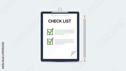 Simple clipboard with a checklist and green check marks beside a grey pencil on light blue background for task management.