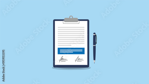 Document on a clipboard with two signatures and a blue pen on light background for legal contract and agreement concepts.