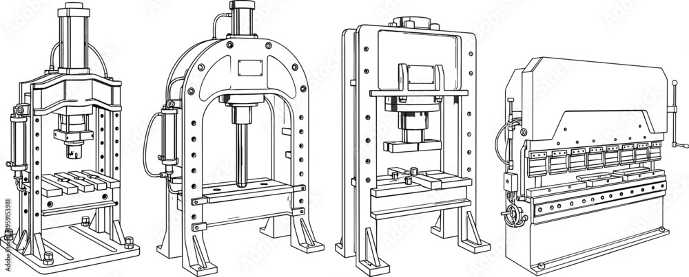Fototapeta premium Black and white line art vector illustration set of heavy industrial hydraulic press machines and metal sheet bending brake equipment for professional manufacturing and metalworking factory processes.