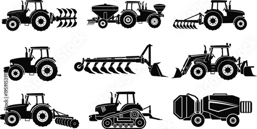Agricultural machinery and heavy farm tractor set with plow seeder harvester and cultivate equipment icons for industrial farming and rural agribusiness isolated on white.
