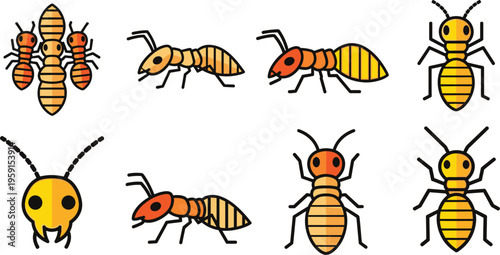 Ant and Termite Cartoon Icon Set with Insect Colony, Worker Ants, Queen Termite and Colorful Bug Illustration Collection