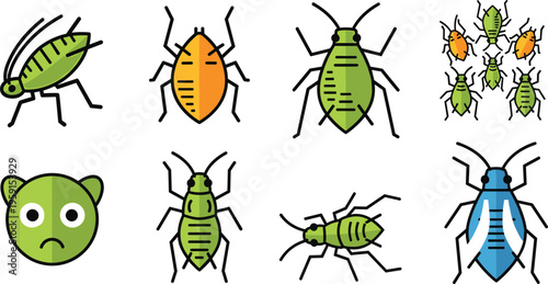Aphids and Garden Pest Insect Icon Set with Green Bugs, Plant Parasites, Colony Infestation and Agriculture Illustration Collection