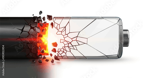 Exploding battery with fire and sparks damaged cylindrical cell safety hazard energy storage failure white background