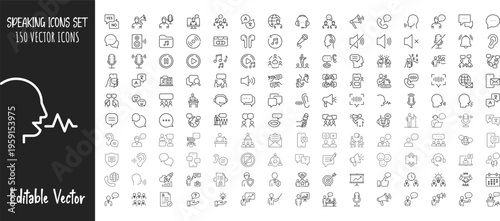 Speaking icons vector set. Communication icon symbols for talking, conversation, consultation, conference, voice, speech bubble and public speaking. Thin line editable stroke vector. 