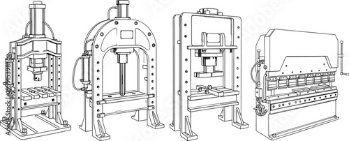 Black and white line art vector illustration set of heavy industrial hydraulic press machines and metal sheet bending brake equipment for professional manufacturing and metalworking factory processes.