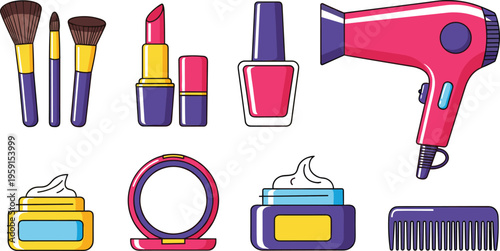 Beauty and Makeup Tools Icon Set with Brushes, Lipstick, Nail Polish, Hair Dryer, Cream Jar, Mirror and Comb Illustration