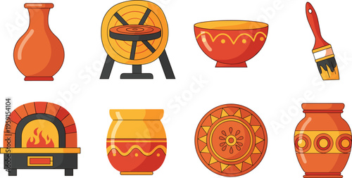 Pottery and Ceramics Icon Set with Clay Vase, Kiln Oven, Decorative Bowl, Paint Brush and Traditional Craft Illustration Collection