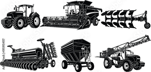 Black and white silhouette illustrations of heavy agricultural machinery including tractors, combine harvesters, plows, seeders, grain carts, and field sprayers for modern farming industry.