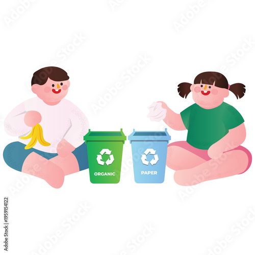 Recycling And Zero Waste Illustration. Vector illustration of Children sorting trash into organic and paper bins, promoting recycling habits and environmental awareness. Isolated on background