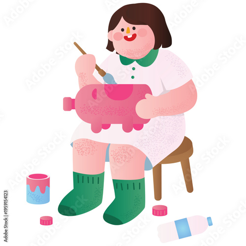 Recycling And Zero Waste Illustration. Vector illustration of Child painting reused plastic bottle, showing creative recycling and eco friendly crafting activity. Isolated on background