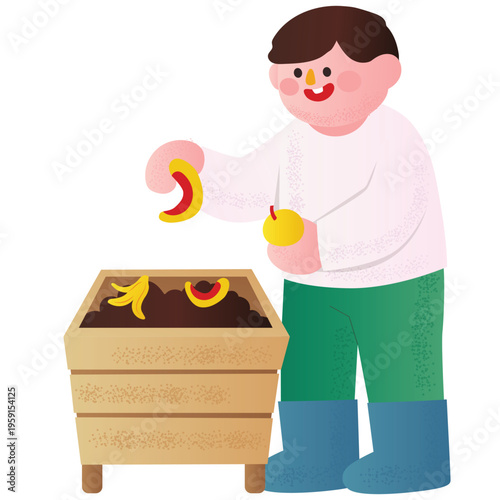Recycling And Zero Waste Illustration. Vector illustration of Person placing fruit scraps into compost box, showing organic waste recycling and soil sustainability. Isolated on background