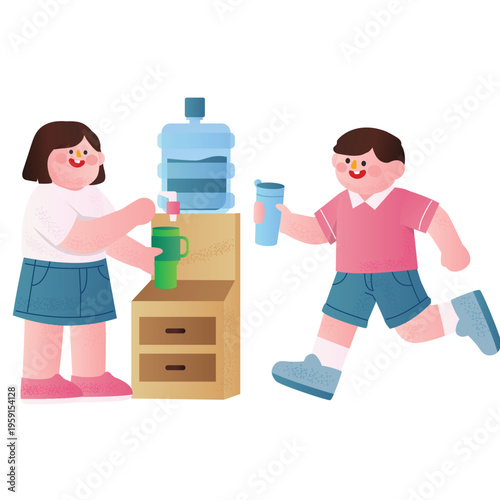 Recycling And Zero Waste Illustration. Vector illustration of People refilling reusable bottles from water dispenser, promoting plastic reduction and hydration. Isolated on background