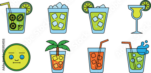 Refreshing Summer Drinks and Cocktail Icon Set with Lemonade, Mojito, Juice Glasses, Ice Cubes, Palm Decoration and Beverage Illustration