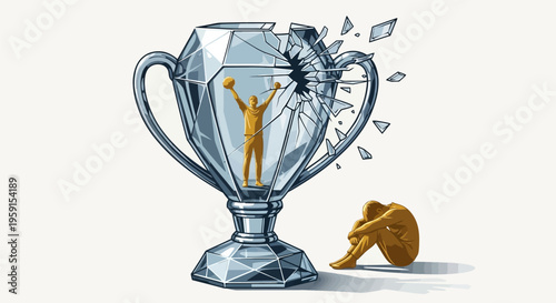 Golden figure trapped in shattered crystal trophy with broken glass and key