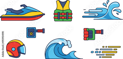 Water Sports and Safety Icon Set with Jet Ski, Life Jacket, Ocean Waves, Helmet, Action Camera and Protective Gloves Illustration