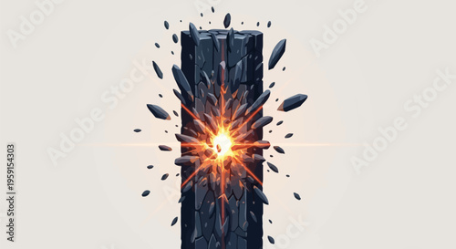 Dark wooden beam exploding with bright orange sparks and debris flying everywhere in all directions