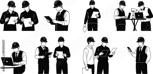 Black and white vector illustration set of professional engineers and construction site managers wearing hard hats while using laptops, tablets, and reviewing technical project blueprints.